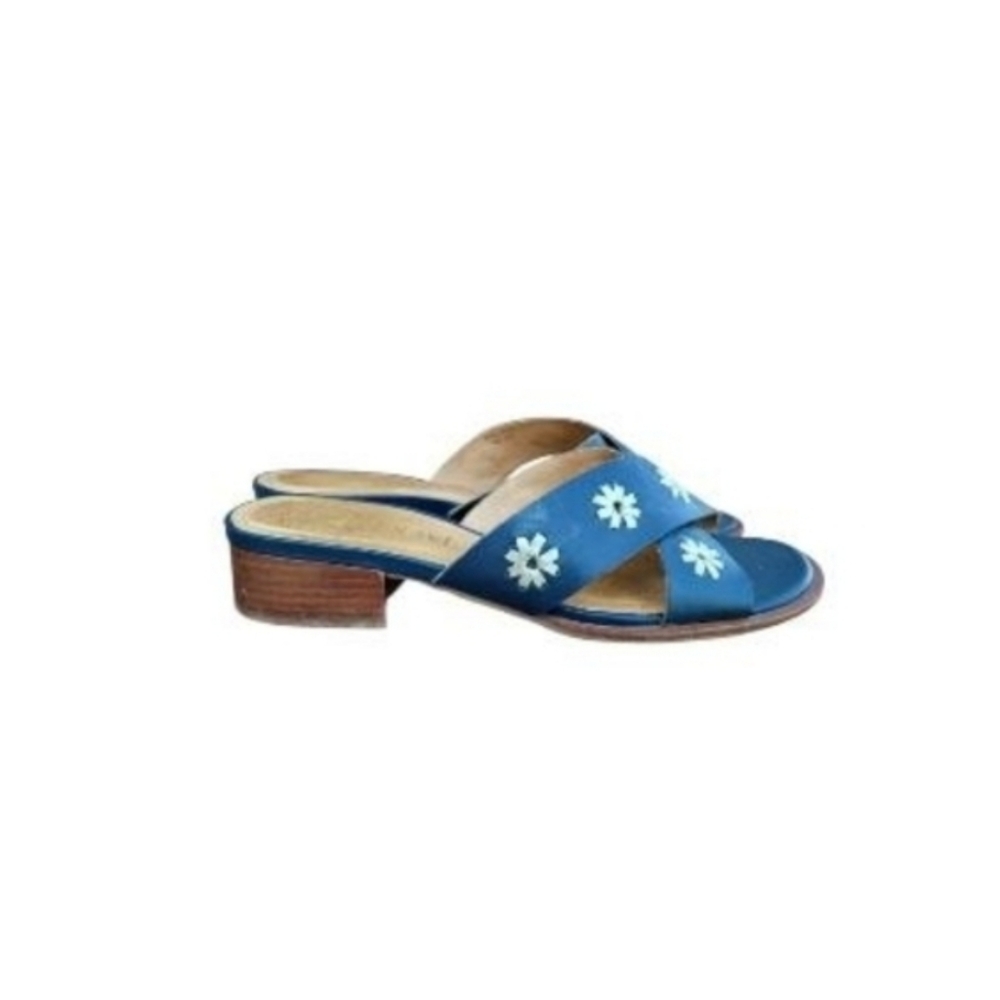 Jack Rogers Navy Blue Tan Leather Daisy Flower Slip On Slide Sandal Women Shoe 8 - Picture 6 of 10